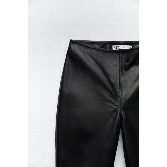 Black Zara 100% Leather High Waisted Cropped Bootcut Kick Flare Pants (NWT) - Picture 7 of 9